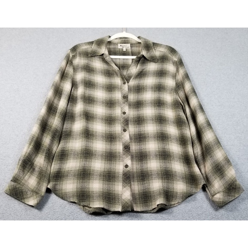 Hester & Orchard Button Up Shirt Womens Large Green Beige Plaid Long Sleeve Fall